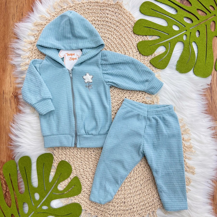 Conj. Jaqueta com Capuz Flor de Estrelinha e Calça em Malha Wafle - Verde